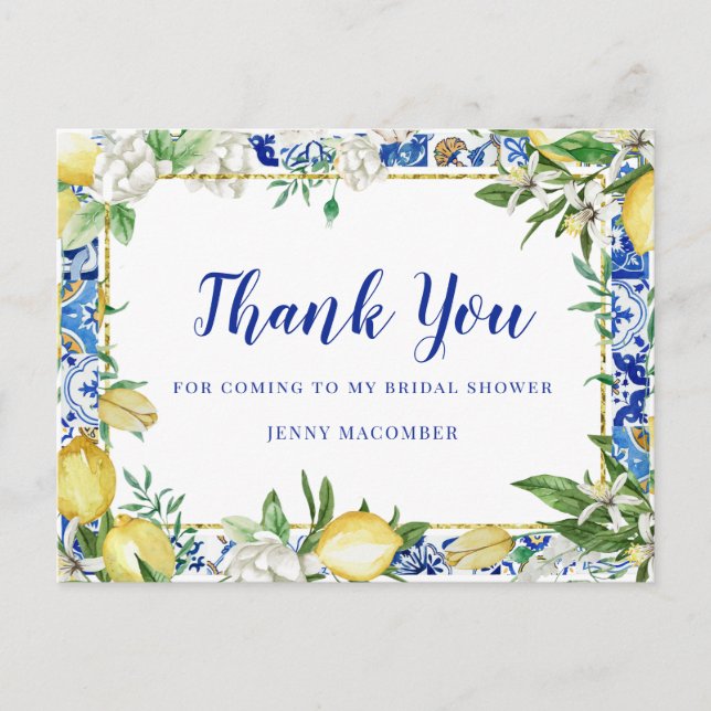 Lemon White Floral Blue Mosaic Tile Thank You Postcard (Front)
