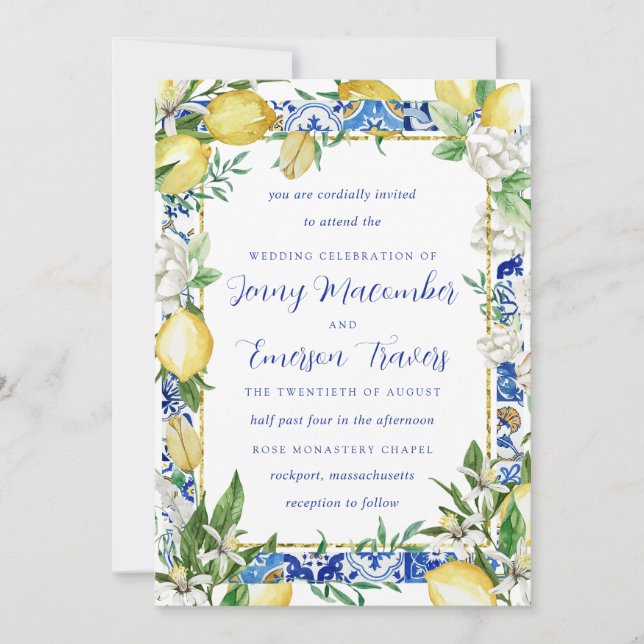 Lemon White Floral Blue Mosaic Tile Wedding Invitation (Front)