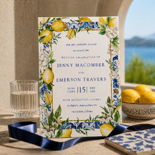 Lemon White Floral Blue Mosaic Tile Wedding Invitation