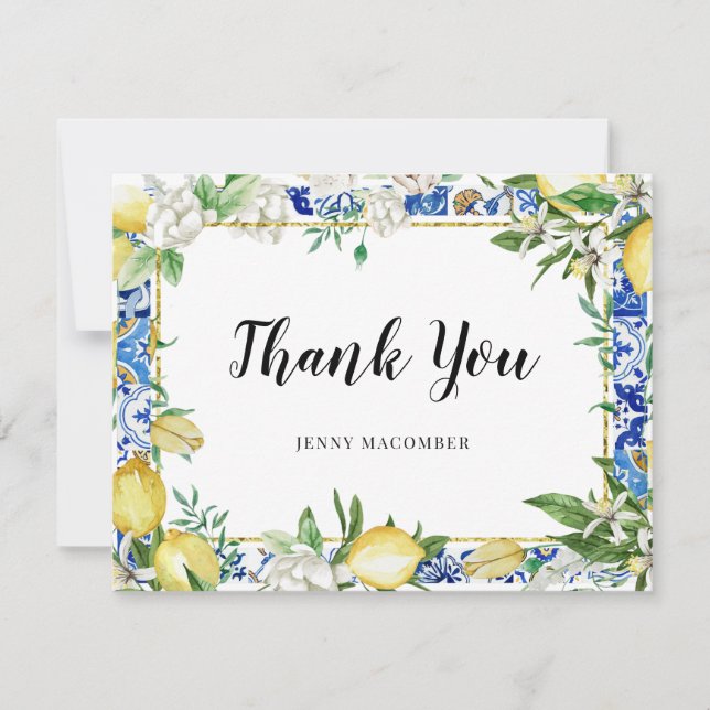 Lemon White Floral Blue Tile Thank You Card (Front)