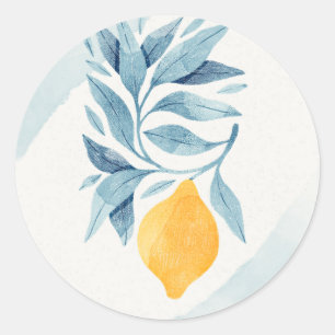 Lemon with blue leaves botanical illustration classic round sticker