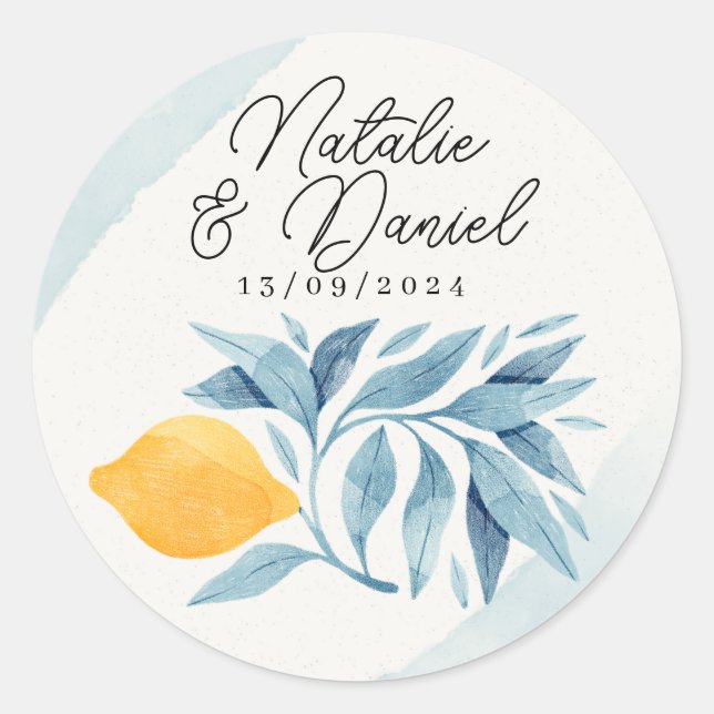 Lemon with blue leaves botanical illustration classic round sticker (Front)