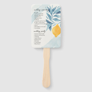 Lemon with blue leaves botanical illustration hand fan