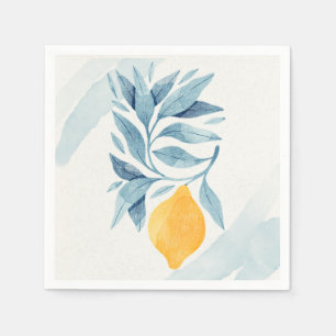 Lemon with blue leaves botanical illustration napkin