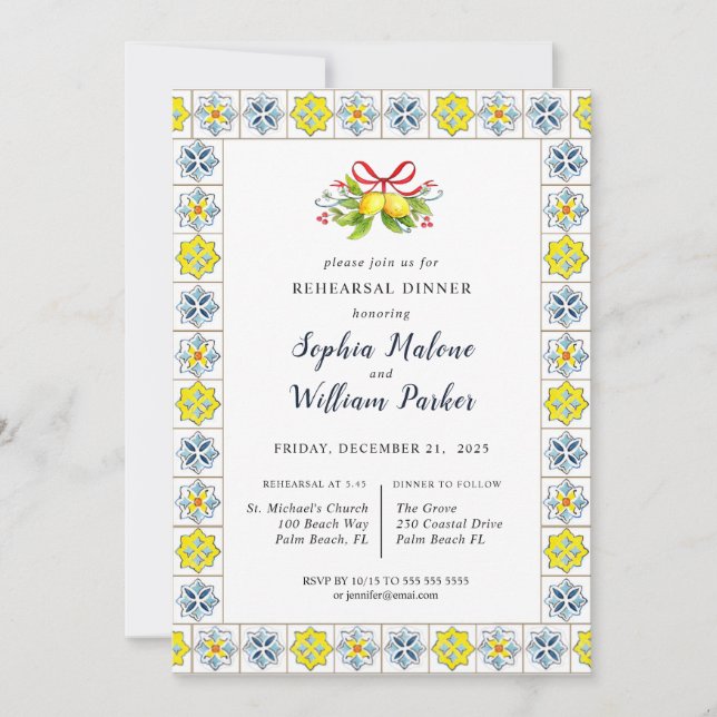 Lemon with Italian Tiles Rehearsal dinner Invitation (Front)