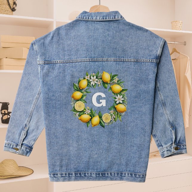Lemon Wreath Monogrammed Initial Elegant Stylish Denim Jacket (A pretty denim jacket, with monogram initial within a wreath of lemon flowers, leaves and fruit)