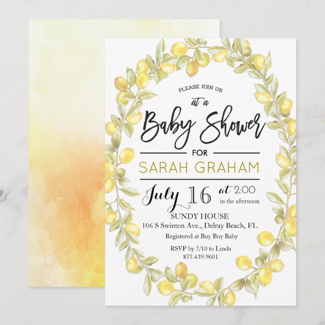 Lemon Wreath Watercolor Baby Shower Invitation (Front/Back)