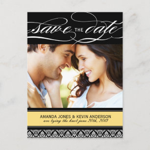 Lemon Yellow and Black Damask Save the Date Announcement Postcard