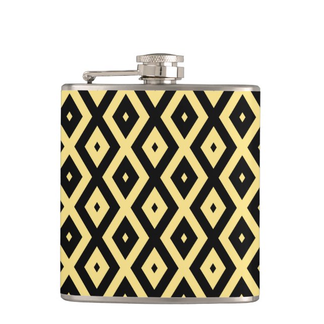 Lemon yellow and black diamond pattern hip flask (Front)