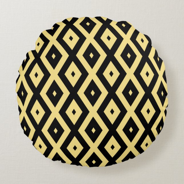 Lemon yellow and black diamond pattern round cushion (Front)