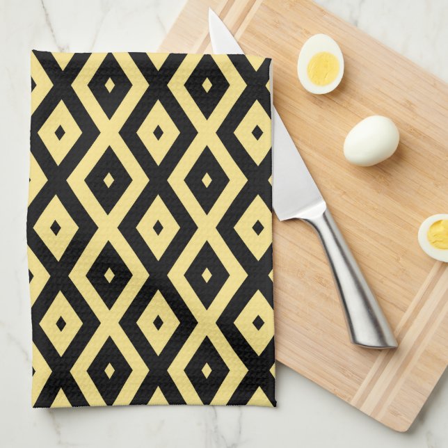 Lemon yellow and black diamond pattern tea towel (Quarter Fold)