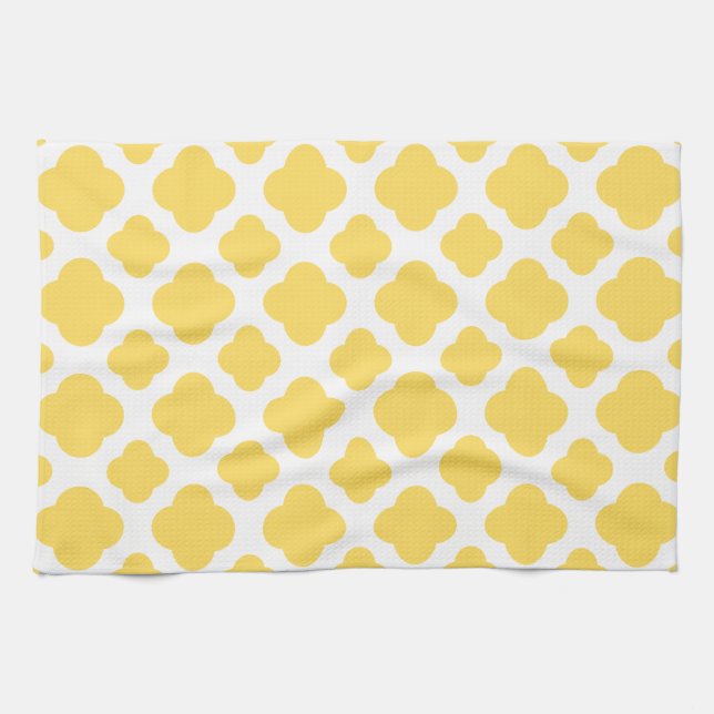 Lemon Yellow and White Quatrefoil Pattern Tea Towel (Horizontal)