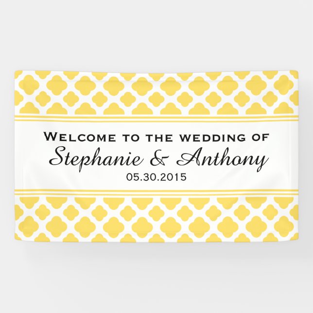 Lemon Yellow and White Quatrefoil Pattern Wedding Banner (Horizontal)
