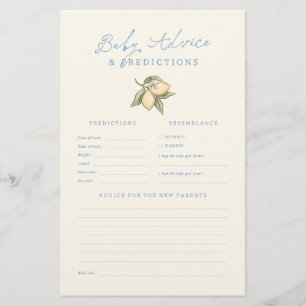 Lemon Yellow Baby Shower Predictions & Advice Game