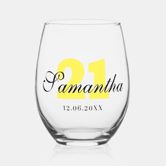 Lemon Yellow Birthday Number | Black 3D Name Date Stemless Wine Glass