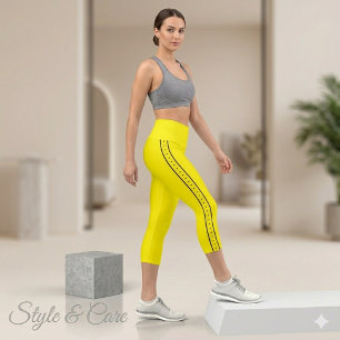 Lemon Yellow Capri Leggings with Black Side Stripe