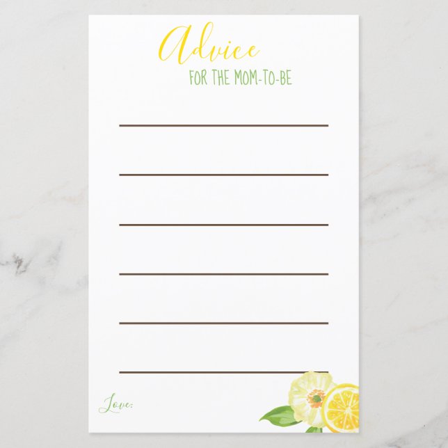 Lemon Yellow Citrus Mum to be Advice Cards (Front)
