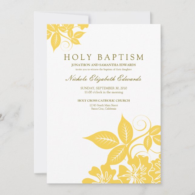 Lemon Yellow Floral Holy Baptism Invitation (Front)