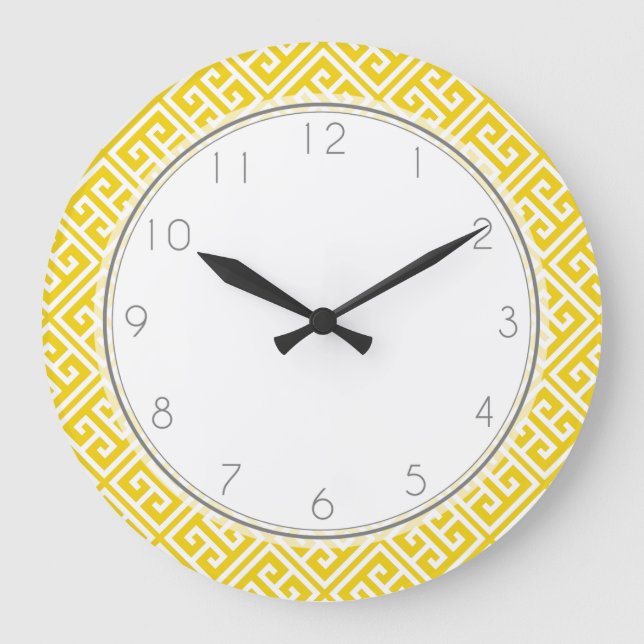Lemon Yellow Greek Key Pattern Large Clock (Front)