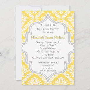 Lemon yellow, grey damask wedding bridal shower invitation