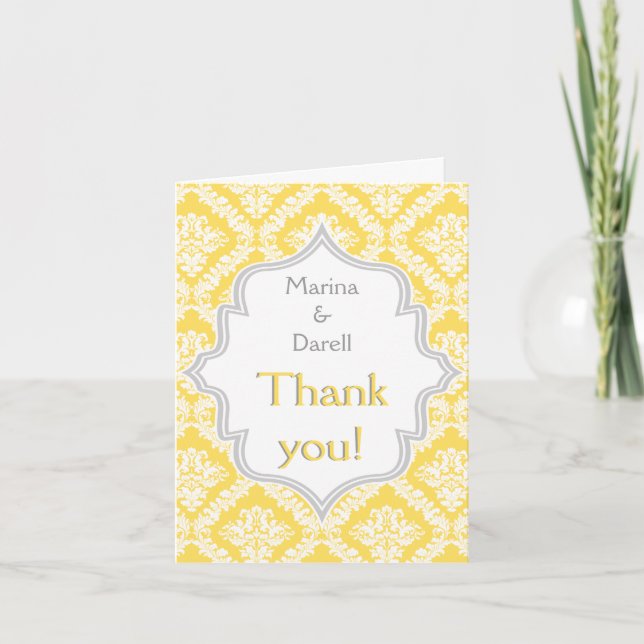Lemon yellow grey damask wedding Thank You photo Card (Front)