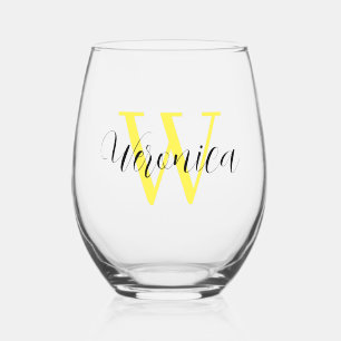 Lemon Yellow Initial and Black Name Elegant Stemless Wine Glass