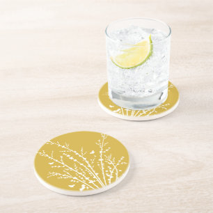 Lemon Yellow Minimal Butterflies and Branches  Coaster
