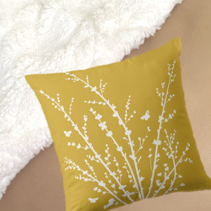 Lemon Yellow Minimal Butterflies and Branches  Cushion