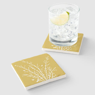 Lemon Yellow Minimal Butterflies and Branches Stone Coaster
