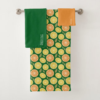 Lemon yellow orange  Pattern green name Bath Towel Set