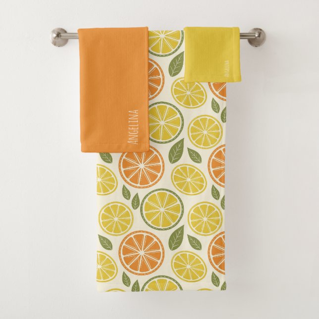 Lemon yellow orange  Pattern white name Bath Towel Set (Insitu)