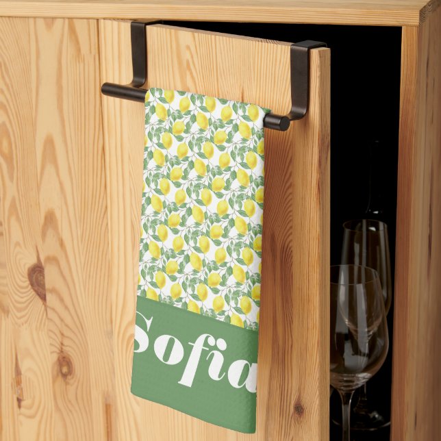Lemon yellow pattern custom name  white tea towel (Thirds Fold)