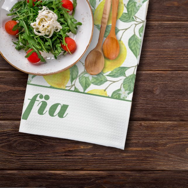 Lemon yellow pattern custom name white tea towel (Creator Uploaded)