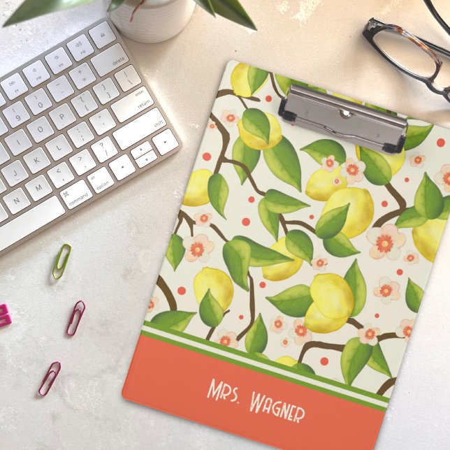 Lemon Yellow Personalised Name Floral Teacher  Clipboard (Creator Uploaded)