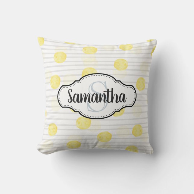 Lemon Yellow Polka Dot and Stripes Monogrammed Cushion (Front)