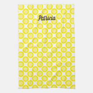 Lemon Yellow Polka Dots Custom Name Summer Fall Tea Towel