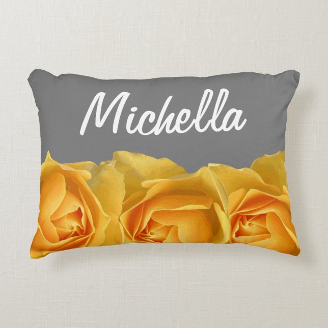 Lemon Yellow Roses & Grey with Name in White Decorative Cushion (Front)