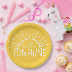 Lemon Yellow Simple Modern Hello Sunshine Paper Plate
