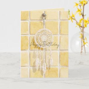 Lemon Yellow Squares Cream Dream Catcher Birthday Card