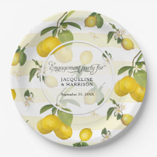 Lemon Yellow Stripe Citrus Floral Engagement Party Paper Plate