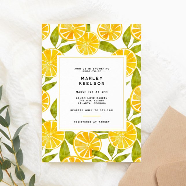 Lemon Yellow Stripe Citrus Leaf Bridal Shower Invitation (Creator Uploaded)