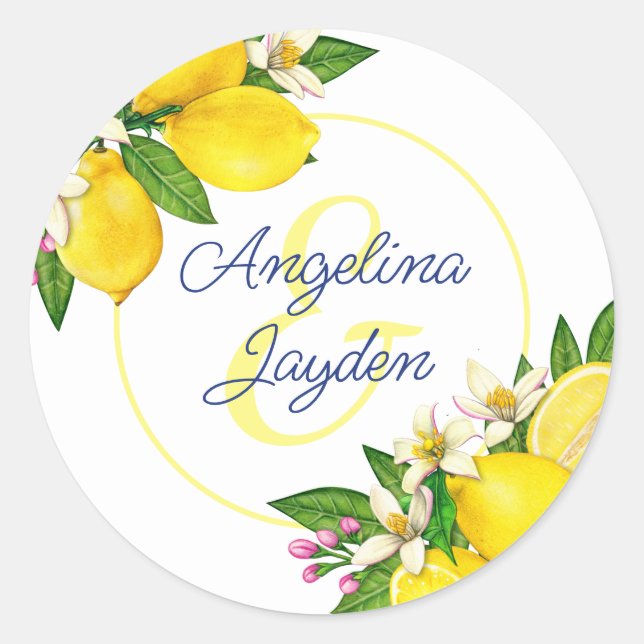 Lemon Yellow Summer Elegant Script Wedding Classic Round Sticker (Front)