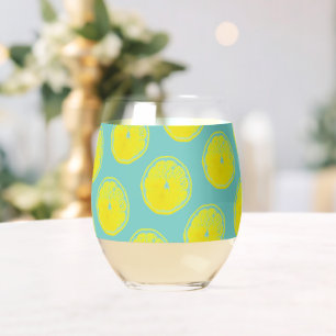 Lemon Yellow Teal Green Love 4Annie Stemless Wine Glass