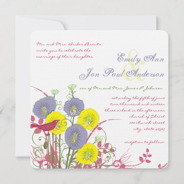 Lemon Yellow Violet Deep Pink Wild Flower Wedding Invitation (Front)