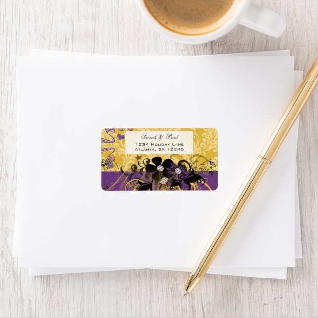 Lemon Yellow & Violet Flower Swirl Return Address Label (Insitu)