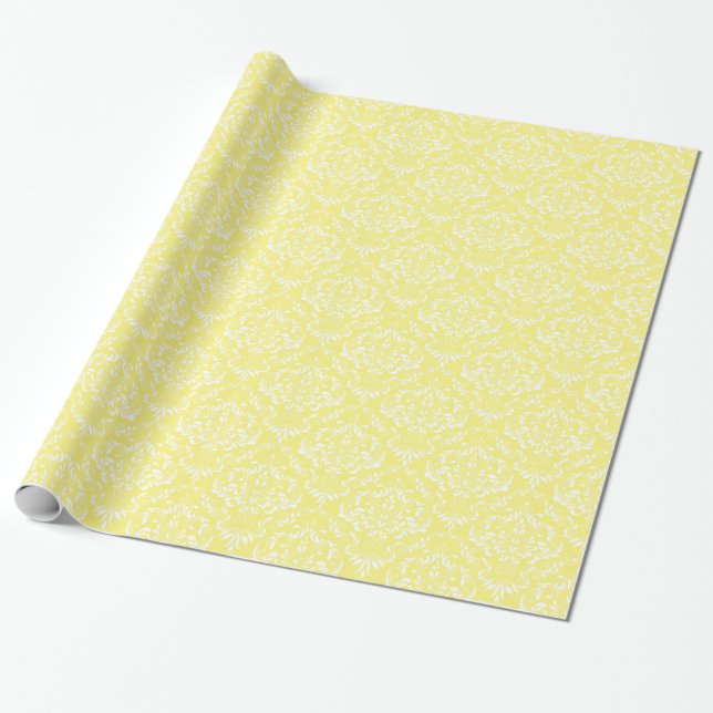 Lemon Yellow White Damask Pattern Wrapping Paper (Unrolled)
