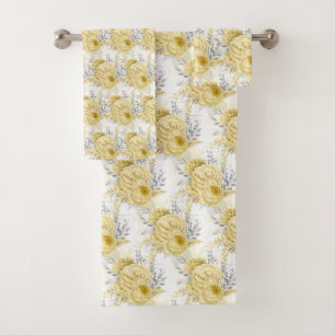 LEMON YELLOW WHITE FLORAL BATHROOM TOWEL SET