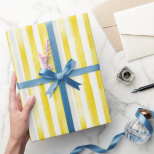 Lemon Yellow White Stripes Birthday Wrapping Paper