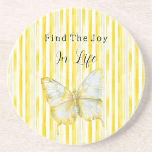 Lemon Yellow White Stripes Butterfly Find Joy Coaster