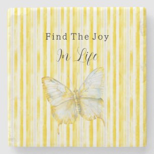 Lemon Yellow White Stripes Butterfly Find Joy Stone Coaster